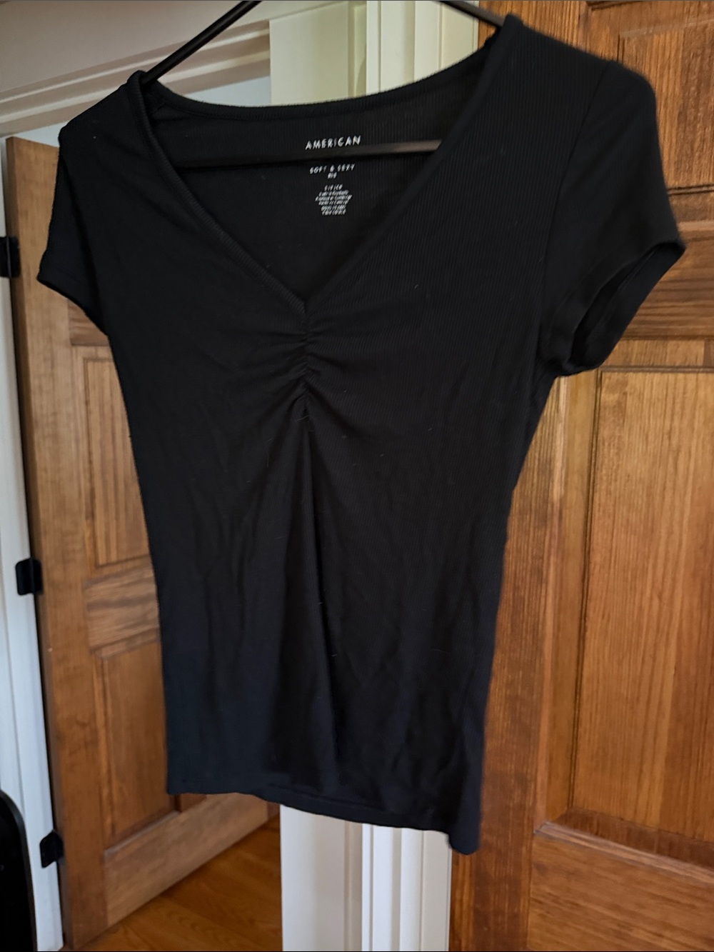 American Eagle Outfitters Black Ruched V-Neck Ribbed Tee